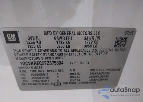 2015 Chevrolet Silverado 1500 2Lt из США, поврежденный, VIN 1GCVKREC5FZ375894